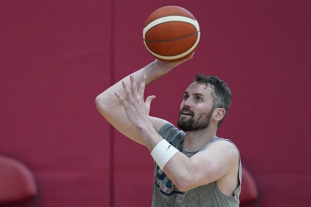 Kevin Love shoots during practice for USA Basketball, Wednesday, July 7, 2021, in Las Vegas. (AP Photo/John Locher)