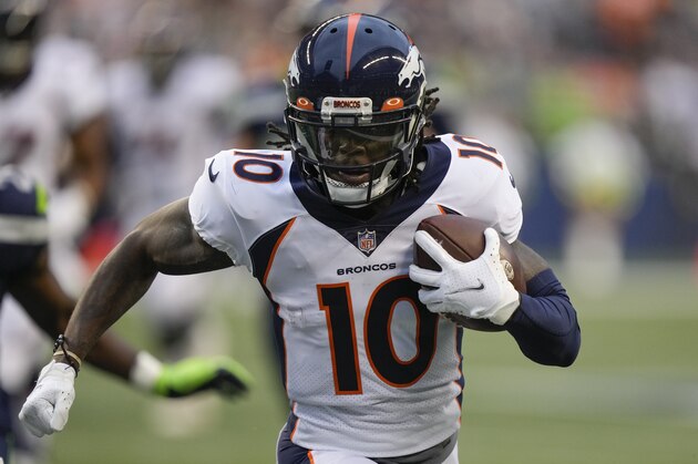 Denver Broncos wide receiver Jerry Jeudy runs the ball during an NFL preseason football game against the Seattle Seahawks, Saturday, Aug. 21, 2021, in Seattle. (AP Photo/Stephen Brashear)