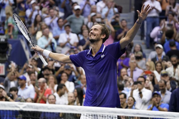 Daniil Medvedev, of Russia, reacts after defeating Novak Djokovic, of Serbia, during the men's singles final of the US Open tennis championships, Sunday, Sept. 12, 2021, in New York. (AP Photo/John Minchillo)