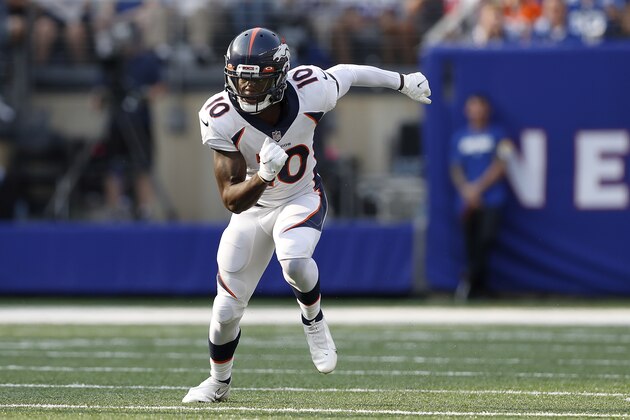 Denver Broncos wide receiver Jerry Jeudy (10) in action during an NFL football game against the New York Giants, Sunday, Sept. 12, 2021, in East Rutherford, N.J. The Denver Broncos won 27-13. (AP Photo/Steve Luciano)