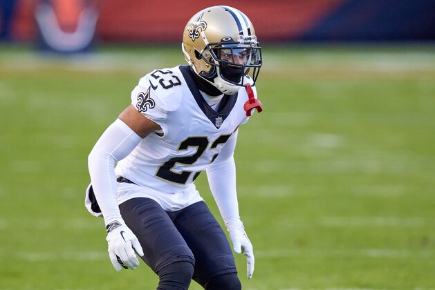 CHICAGO, IL - NOVEMBER 01: New Orleans Saints cornerback Marshon Lattimore (23) looks on in action during a game between the Chicago Bears and the New Orleans Saints on November 01, 2020 at Soldier Stadium, in Chicago, IL. (Photo by Robin Alam/Icon Sportswire via Getty Images)
