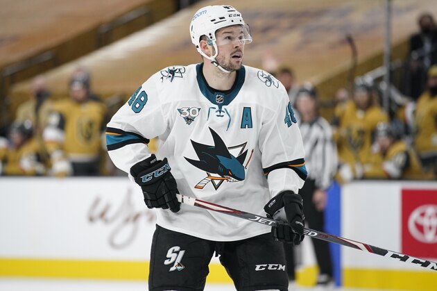 San Jose Sharks center Tomas Hertl (48) plays against the Vegas Golden Knights in an NHL hockey game Wednesday, April 21, 2021, in Las Vegas. (AP Photo/John Locher) San Jose Sharks center Tomas Hertl (48) plays against the Vegas Golden Knights in an NHL hockey game Wednesday, April 21, 2021, in Las Vegas. (AP Photo/John Locher)