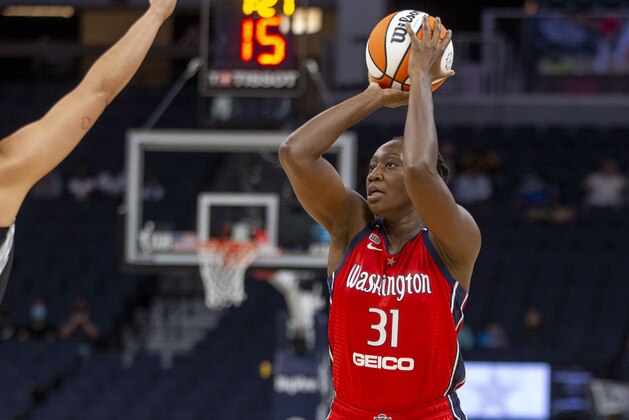 Washington Mystics center Tina Charles (31) shoots against the Minnesota Lynx in the fourth quarter of a WNBA basketball game Saturday, Sept. 4, 2021, in Minneapolis. The Lynx won 93-75. (AP Photo/Bruce Kluckhohn)
