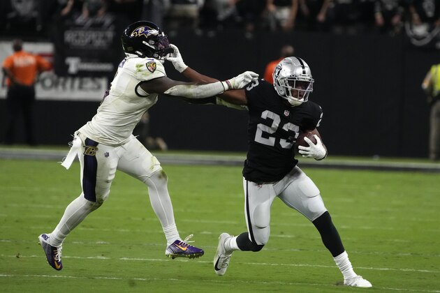 Las Vegas Raiders running back Kenyan Drake (23) during an NFL football game against the Baltimore Ravens, Monday, Sept. 13, 2021, in Las Vegas. (AP Photo/Rick Scuteri)