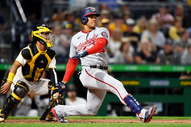 PITTSBURGH, PA - SEPTEMBER 11:  Juan Soto #22 of the Washington Nationals bats during the game between the Washington Nationals and the Pittsburgh Pirates at PNC Park on Saturday, September 11, 2021 in Pittsburgh, Pennsylvania. (Photo by Joe Sargent/MLB Photos via Getty Images)