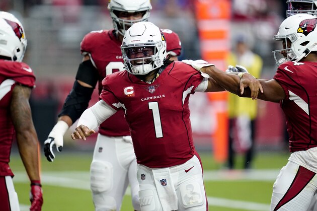 Arizona Cardinals quarterback Kyler Murray (1) celebrates his touchdown against the Minnesota Vikings during the first half of an NFL football game, Sunday, Sept. 19, 2021, in Glendale, Ariz. (AP Photo/Ross D. Franklin)