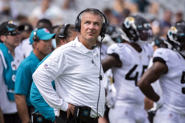Jacksonville Jaguars head coach Urban Meyer watches a play on the video monitor during the second half of an NFL football game against the Denver Broncos, Sunday, Sept. 19, 2021, in Jacksonville, Fla. (AP Photo/Stephen B. Morton)