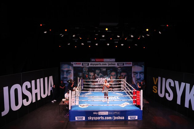 LONDON, ENGLAND - SEPTEMBER 21: Anthony Joshua looks on from inside the ring during their media work out ahead of the WBA, WBO, IBF and IBO World Heavyweight Title fight between Anthony Joshua and Oleksandr Usyk at the O2 Indigo on September 21, 2021 in London, England. (Photo by Julian Finney/Getty Images)