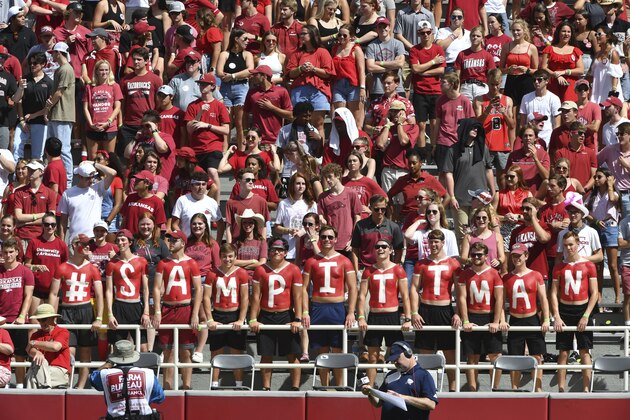 Arkansas fans show their appreciation for Arkansas coach Sam Pittman before the start of their game against Georgia Southern during an NCAA college football game Saturday, Sept. 18, 2021, in Fayetteville, Ark. (AP Photo/Michael Woods)