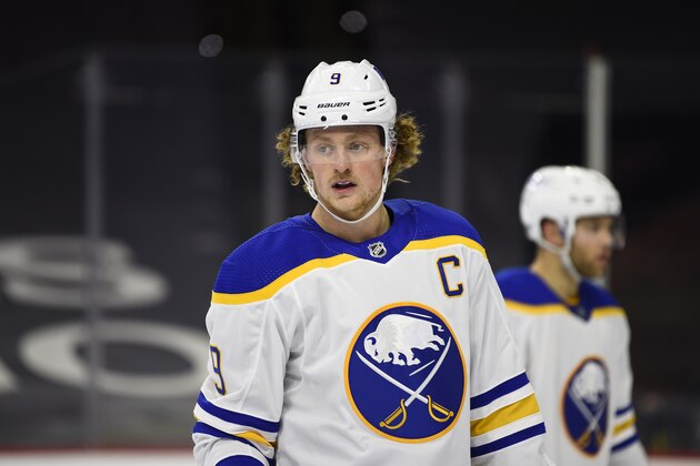Buffalo Sabres' Jack Eichel in action during an NHL hockey game against the Philadelphia Flyers, Tuesday, Jan. 19, 2021, in Philadelphia. (AP Photo/Derik Hamilton)
