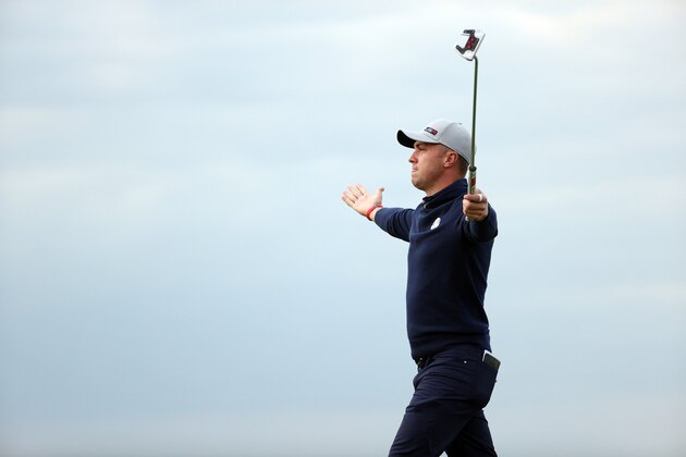 KOHLER, WISCONSIN - SEPTEMBER 24: Justin Thomas of team United States celebrates on the 16th green during Friday Afternoon Fourball Matches of the 43rd Ryder Cup at Whistling Straits on September 24, 2021 in Kohler, Wisconsin. (Photo by Maddie Meyer/PGA of America/PGA of America via Getty Images)