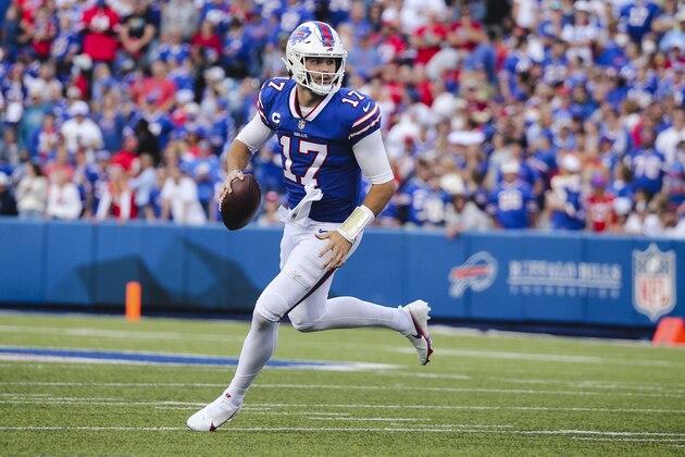 Buffalo Bills quarterback Josh Allen (17) during the first half of an NFL football game against the Washington Football Team Sunday, Sept. 26, 2021, in Orchard Park, N.Y. (AP Photo/Jeffrey T. Barnes)