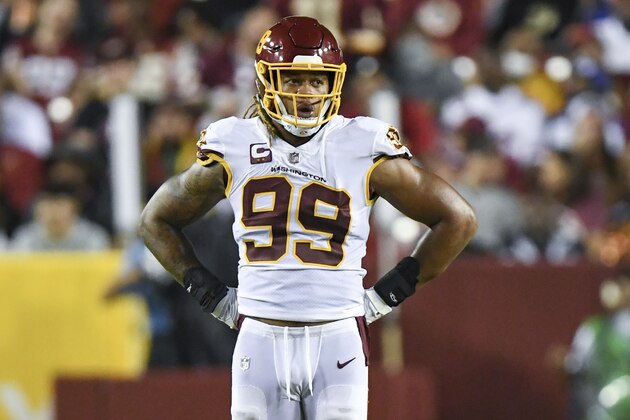 Washington Football Team defensive end Chase Young (99) looks on between plays during the second half of an NFL football game against the New York Giants, Thursday, Sept. 16, 2021, in Landover, Md. (AP Photo/Terrance Williams)