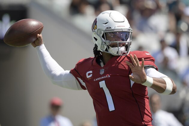 Arizona Cardinals quarterback Kyler Murray (1) during the first half of an NFL football game, Sunday, Sept. 26, 2021, in Jacksonville, Fla. (AP Photo/Phelan M. Ebenhack)