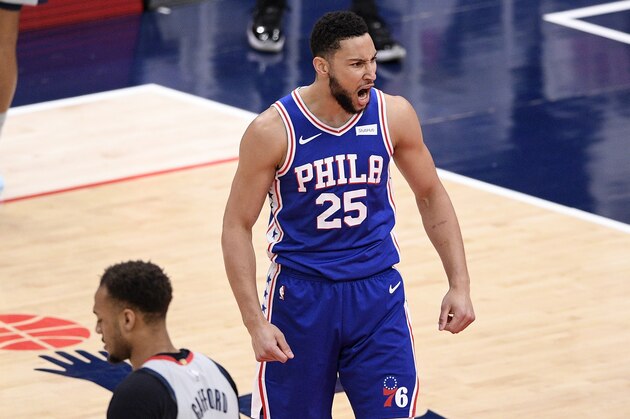 Philadelphia 76ers guard Ben Simmons (25) reacts during the first half of Game 4 in a first-round NBA basketball playoff series against the Washington Wizards, Monday, May 31, 2021, in Washington. (AP Photo/Nick Wass)