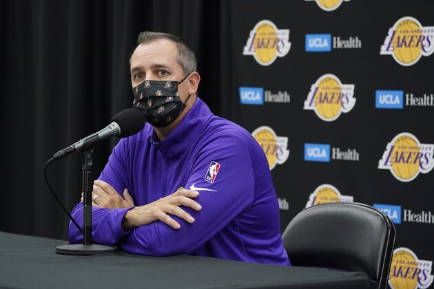 Los Angeles Lakers head coach Frank Vogel answers questions during the NBA basketball team's Media Day Tuesday, Sept. 28, 2021, in El Segundo, Calif. (AP Photo/Marcio Jose Sanchez)
