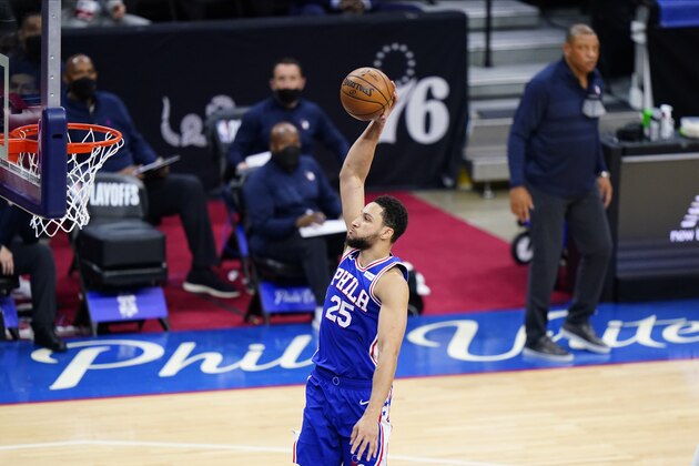 Philadelphia 76ers' Ben Simmons plays during Game 5 in a second-round NBA basketball playoff series against the Atlanta Hawks, Wednesday, June 16, 2021, in Philadelphia. (AP Photo/Matt Slocum)