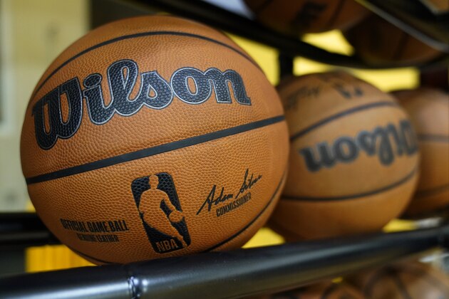 Basketballs are shown after Miami Heat practice during NBA Camp, Tuesday, Sept. 28, 2021, in Miami. (AP Photo/Wilfredo Lee)