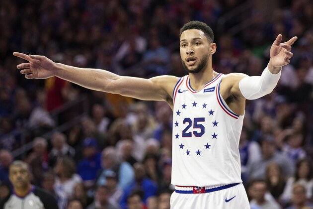 FILE - In this May 5, 2019, file photo, Philadelphia 76ers' Ben Simmons reacts during the second half of Game 4 of the team's second-round NBA basketball playoff series against the Toronto Raptors in Philadelphia. Simmons, the No. 1 overall draft pick in 2016, has helped lead the Sixers to the second round of the NBA playoffs two straight seasons after making his debut in 2017. He was the Rookie of the Year that season and an All-Star for the first time last season. Simmons has averaged 16.4 points, 8.5 rebounds and 7.9 assists and signed a $170 million, five-year contract extension in July. But the one knock against Simmons has been his reluctance to shoot long jumpers and 3-pointers. He's 0 for 18 from beyond the arc, so defenses often focus on taking away his ability to drive to the basket and dare him to shoot. He's up for the challenge. (AP Photo/Chris Szagola, File)