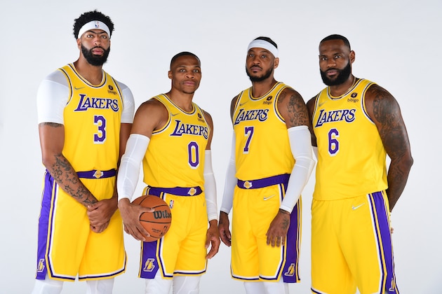 EL SEGUNDO, CA - SEPTEMBER 28: Anthony Davis #3, LeBron James #6, Carmelo Anthony #7 and Russell Westbrook #0 of the Los Angeles Lakers poses for a portrait during NBA Media day at UCLA Health Training Center on September 28, 2021 in El Segundo, California. NOTE TO USER: User expressly acknowledges and agrees that, by downloading and/or using this Photograph, user is consenting to the terms and conditions of the Getty Images License Agreement. Mandatory Copyright Notice: Copyright 2021 NBAE (Photo by Adam Pantozzi/NBAE via Getty Images)