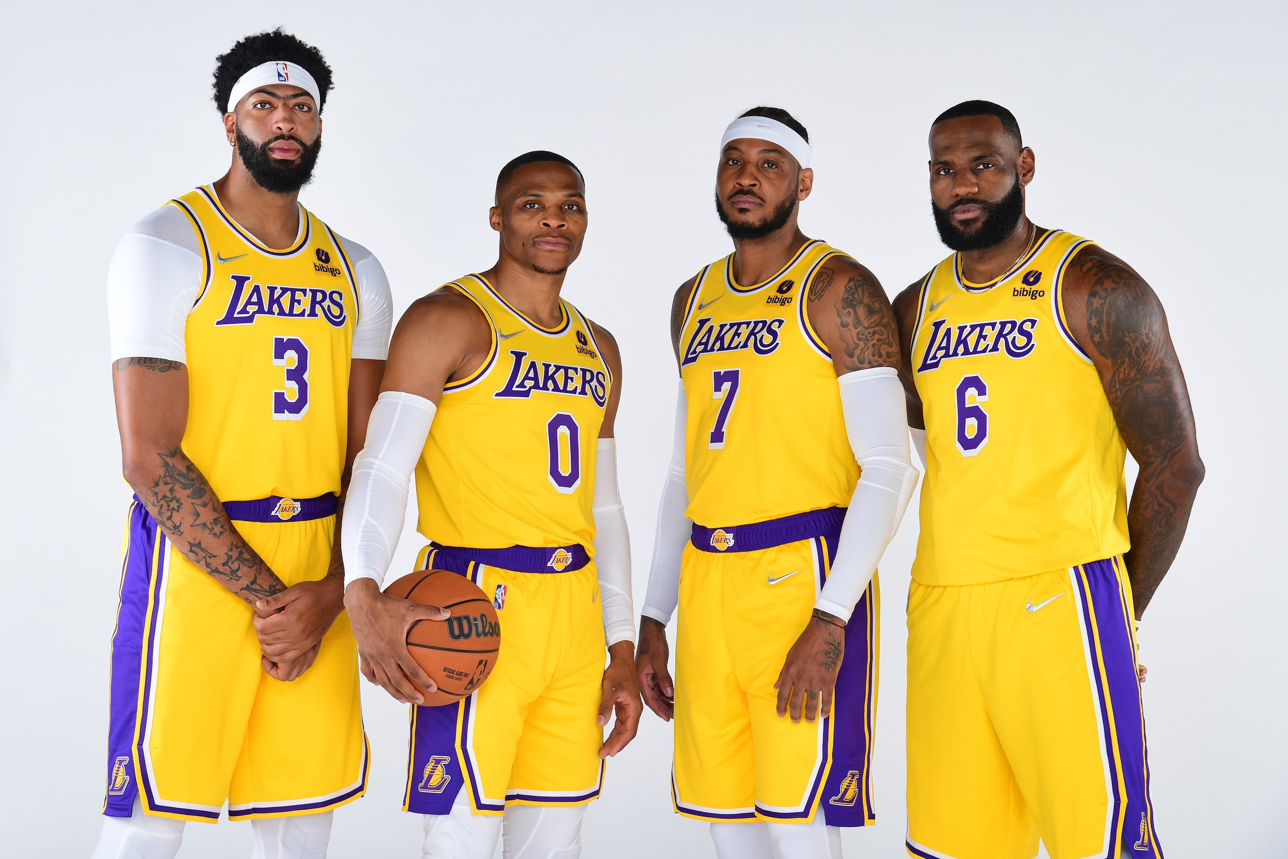 EL SEGUNDO, CA - SEPTEMBER 28: Anthony Davis #3, LeBron James #6, Carmelo Anthony #7 and Russell Westbrook #0 of the Los Angeles Lakers poses for a portrait during NBA Media day at UCLA Health Training Center on September 28, 2021 in El Segundo, California. NOTE TO USER: User expressly acknowledges and agrees that, by downloading and/or using this Photograph, user is consenting to the terms and conditions of the Getty Images License Agreement. Mandatory Copyright Notice: Copyright 2021 NBAE (Photo by Adam Pantozzi/NBAE via Getty Images)