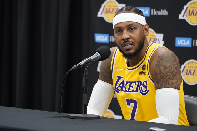 Los Angeles Lakers forward Carmelo Anthony answers questions during the NBA basketball team's Media Day Tuesday, Sept. 28, 2021, in El Segundo, Calif. (AP Photo/Marcio Jose Sanchez)