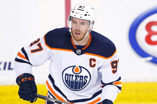 Edmonton Oilers' Connor McDavid during an NHL hockey game, Monday, March 15, 2021, in Calgary, Canada. (AP Photo/Larry MacDougal)