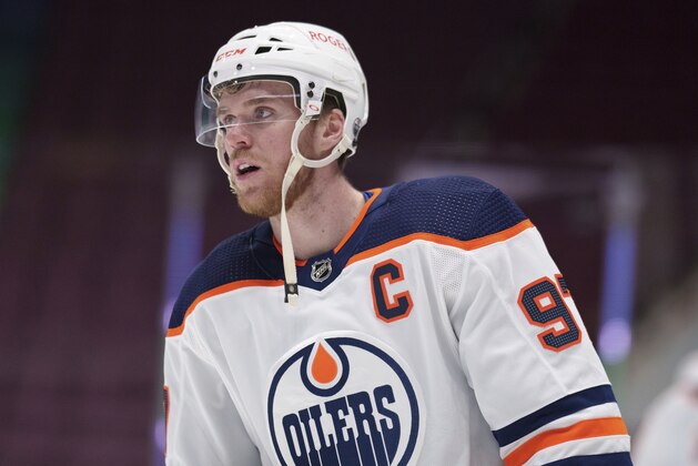 Connor McDavid #97 of the Edmonton Oilers during an NHL hockey game, Monday, May 3, 2021, in Vancouver, Canada. (AP Photo/Nick Didlick)