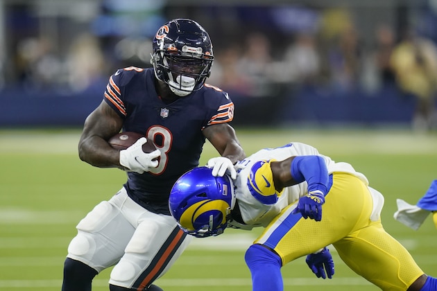 Chicago Bears running back Damien Williams runs with the ball during the second half of an NFL football game against the Los Angeles Rams, Sunday, Sept. 12, 2021, in Inglewood, Calif. (AP Photo/Jae C. Hong)
