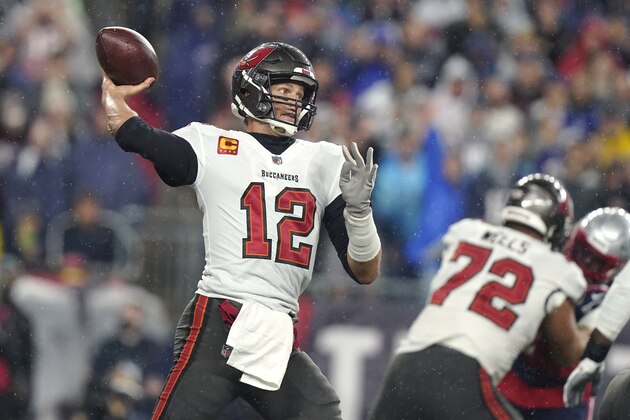 Tampa Bay Buccaneers quarterback Tom Brady (12) throws during the first half of an NFL football game against the New England Patriots, Sunday, Oct. 3, 2021, in Foxborough, Mass. (AP Photo/Steven Senne)