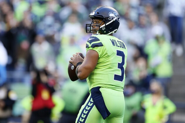 SEATTLE, WASHINGTON - OCTOBER 07: Quarterback Russell Wilson #3 of the Seattle Seahawks passes against the Los Angeles Rams in the first half at Lumen Field on October 07, 2021 in Seattle, Washington. (Photo by Steph Chambers/Getty Images)