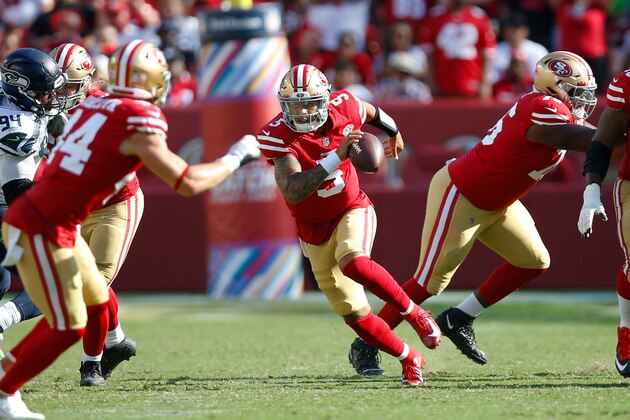 SANTA CLARA, CA - OCTOBER 3: Trey Lance #5 of the San Francisco 49ers rushes during the game against the Seattle Seahawks at Levi's Stadium on October 3, 2021 in Santa Clara, California. The Seahawks defeated the 49ers 28-21. (Photo by Michael Zagaris/San Francisco 49ers/Getty Images)