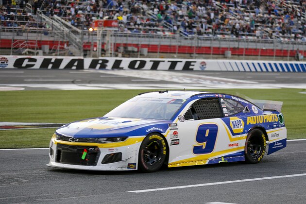 NASCAR Cup Series driver Chase Elliott (9) drives down pit road during a NASCAR Cup Series auto race at Charlotte Motor Speedway in Concord, N.C., Sunday, May 30, 2021. (AP Photo/Nell Redmond)