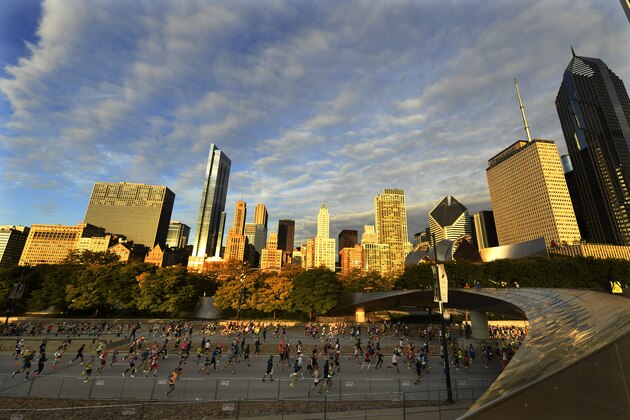 Runners start the Chicago Marathon, Sunday, Oct. 13, 2019, in Chicago. (AP Photo/Paul Beaty)