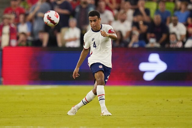 United States' Tyler Adams (4) during a FIFA World Cup qualifying soccer match against Jamaica, Thursday, Oct. 7, 2021, in Austin, Texas. (AP Photo/Eric Gay)