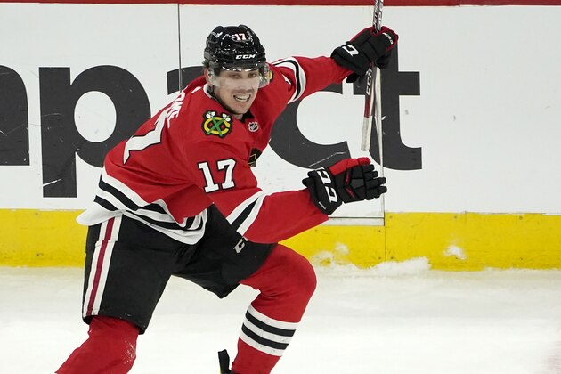 Chicago Blackhawks' Dylan Strome skates after the puck during the second period of an NHL hockey game against the Dallas Stars Monday, May 10, 2021, in Chicago. The Blackhawks have a an intriguing decision to make with Strome who is under contract for next year, but he had just nine goals and eight assists in 40 games this season. The No. 3 pick in the 2015 draft was a healthy scratch for four of the team's last 10 games.