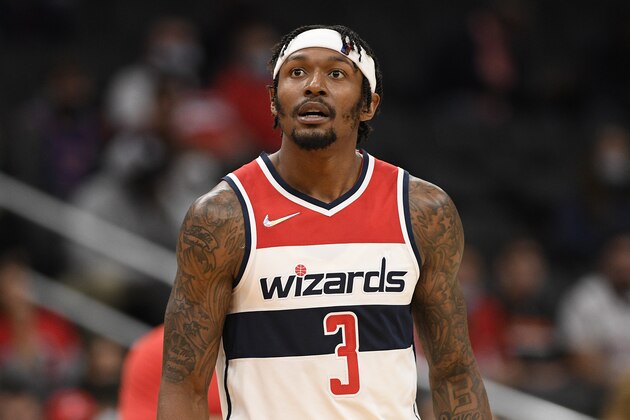 Washington Wizards guard Bradley Beal (3) looks on during the second half of an NBA preseason basketball game against the New York Knicks, Saturday, Oct. 9, 2021, in Washington. The Knicks won 117-99. (AP Photo/Nick Wass)