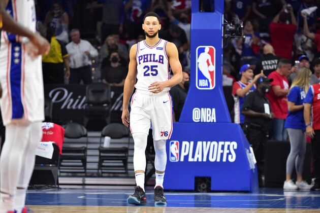 PHILADELPHIA, PA - JUNE 20: Ben Simmons #25 of the Philadelphia 76ers looks on during Round 2, Game 7 of the Eastern Conference Playoffs on June 20, 2021 at Wells Fargo Center in Philadelphia, Pennsylvania. NOTE TO USER: User expressly acknowledges and agrees that, by downloading and/or using this Photograph, user is consenting to the terms and conditions of the Getty Images License Agreement. Mandatory Copyright Notice: Copyright 2021 NBAE (Photo by Jesse D. Garrabrant/NBAE via Getty Images)