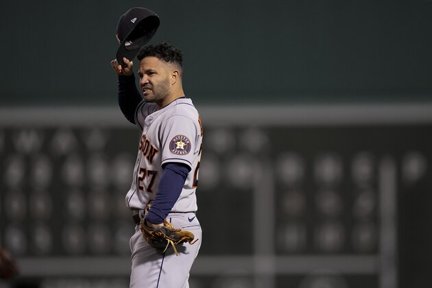 Houston Astros second baseman Jose Altuve reacts during the eighth inning in Game 3 of baseball's American League Championship Series against the Boston Red Sox Monday, Oct. 18, 2021, in Boston. (AP Photo/David J. Phillip)
