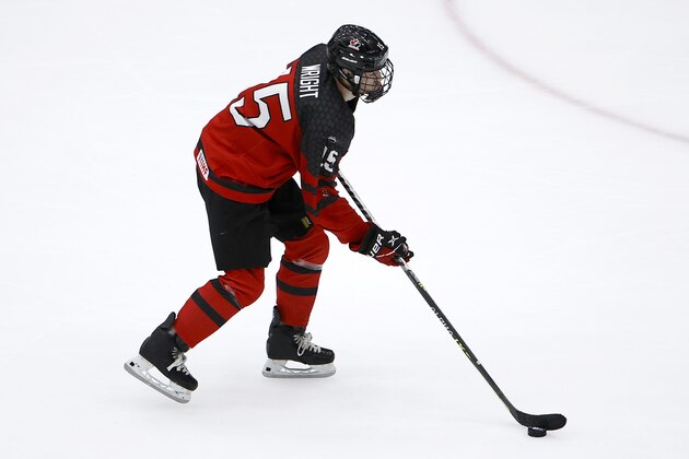 FRISCO, TEXAS - MAY 06:  Shane Wright #15 of Canada scores an empty net goal against Russia in the third period during the 2021 IIHF Ice Hockey U18 World Championship Gold Medal Game at Comerica Center on May 06, 2021 in Frisco, Texas. (Photo by Tom Pennington/Getty Images)