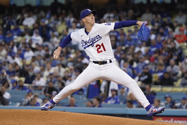 Los Angeles Dodgers starting pitcher Walker Buehler throws to a San Francisco Giants batter during the first inning of Game 4 of a baseball National League Division Series, Tuesday, Oct. 12, 2021, in Los Angeles. (AP Photo/Marcio Jose Sanchez)