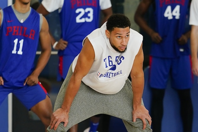 Philadelphia 76ers' Ben Simmons takes part in a practice at the NBA basketball team's facility, Monday, Oct. 18, 2021, in Camden, N.J. (AP Photo/Matt Rourke)