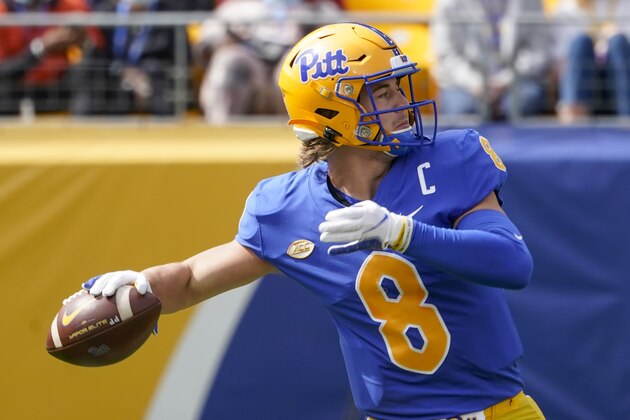 Pittsburgh quarterback Kenny Pickett (8) plays against New Hampshire during an NCAA college football game, Saturday, Sept. 25, 2021, in Pittsburgh. (AP Photo/Keith Srakocic)