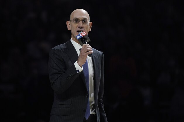 NBA Commissioner Adam Silver speaks during a ring ceremony before an NBA basketball game between the Milwaukee Bucks and the Brooklyn Nets, Tuesday, Oct. 19, 2021, in Milwaukee. (AP Photo/Morry Gash)