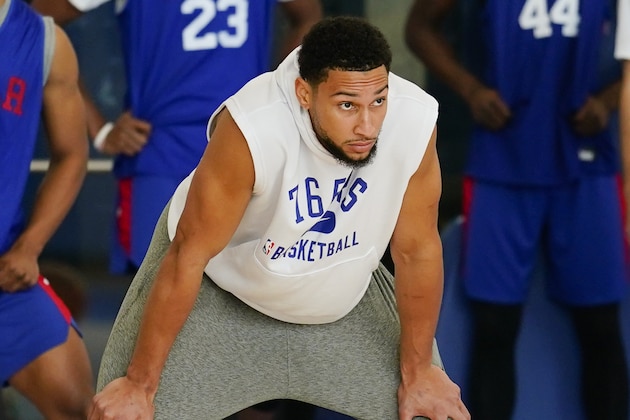 Philadelphia 76ers' Ben Simmons takes part in a practice at the NBA basketball team's facility, Monday, Oct. 18, 2021, in Camden, N.J. (AP Photo/Matt Rourke)