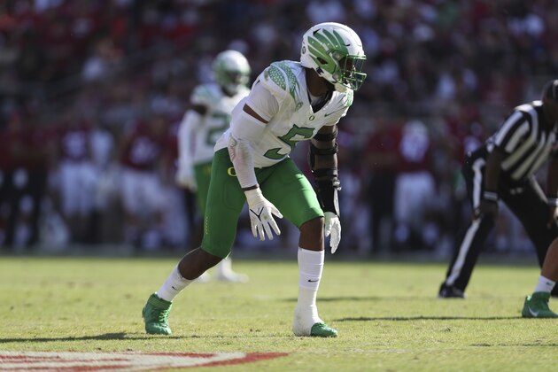 Oregon's Kayvon Thibodeaux (5) against Stanford during an NCAA college football game in Stanford, Calif., Saturday, Oct. 2, 2021. (AP Photo/Jed Jacobsohn)