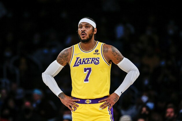 Los Angeles Lakers forward Carmelo Anthony (7) stands during the first half of a preseason NBA basketball game against the Golden State Warriors in Los Angeles, Tuesday, Oct. 12, 2021. (AP Photo/Ringo H.W. Chiu)
