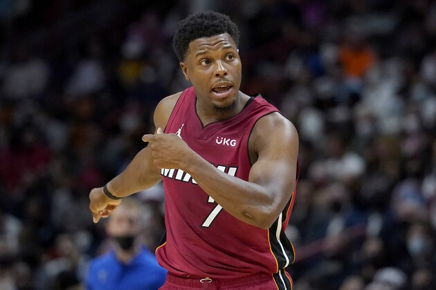 Miami Heat guard Kyle Lowry runs on the court during the first half of an NBA basketball game against the Milwaukee Bucks, Thursday, Oct. 21, 2021, in Miami. (AP Photo/Lynne Sladky)