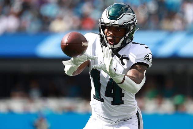 CHARLOTTE, NORTH CAROLINA - OCTOBER 10: Kenneth Gainwell #14 of the Philadelphia Eagles in action during their game against the Carolina Panthers at Bank of America Stadium on October 10, 2021 in Charlotte, North Carolina. (Photo by Grant Halverson/Getty Images)