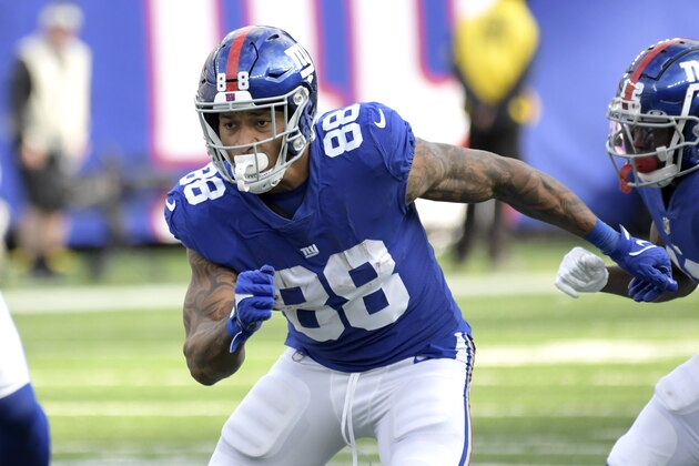 New York Giants tight end Evan Engram (88) during the second half of an NFL football game against the Carolina Panthers Sunday, Oct. 24, 2021, in East Rutherford, N.J. (AP Photo/Bill Kostroun)